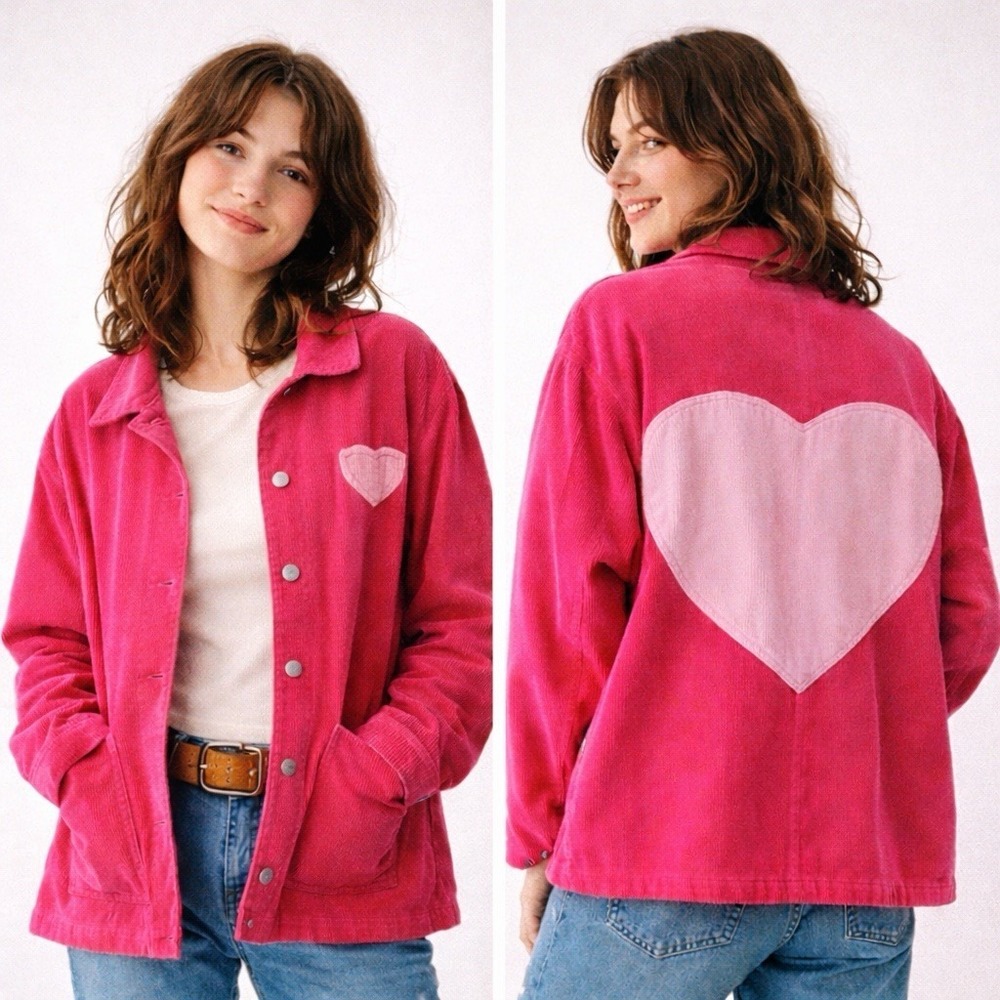 Shiny By Nature Pink Corduroy Heart Jacket Womens‎ Medium Statement Coat